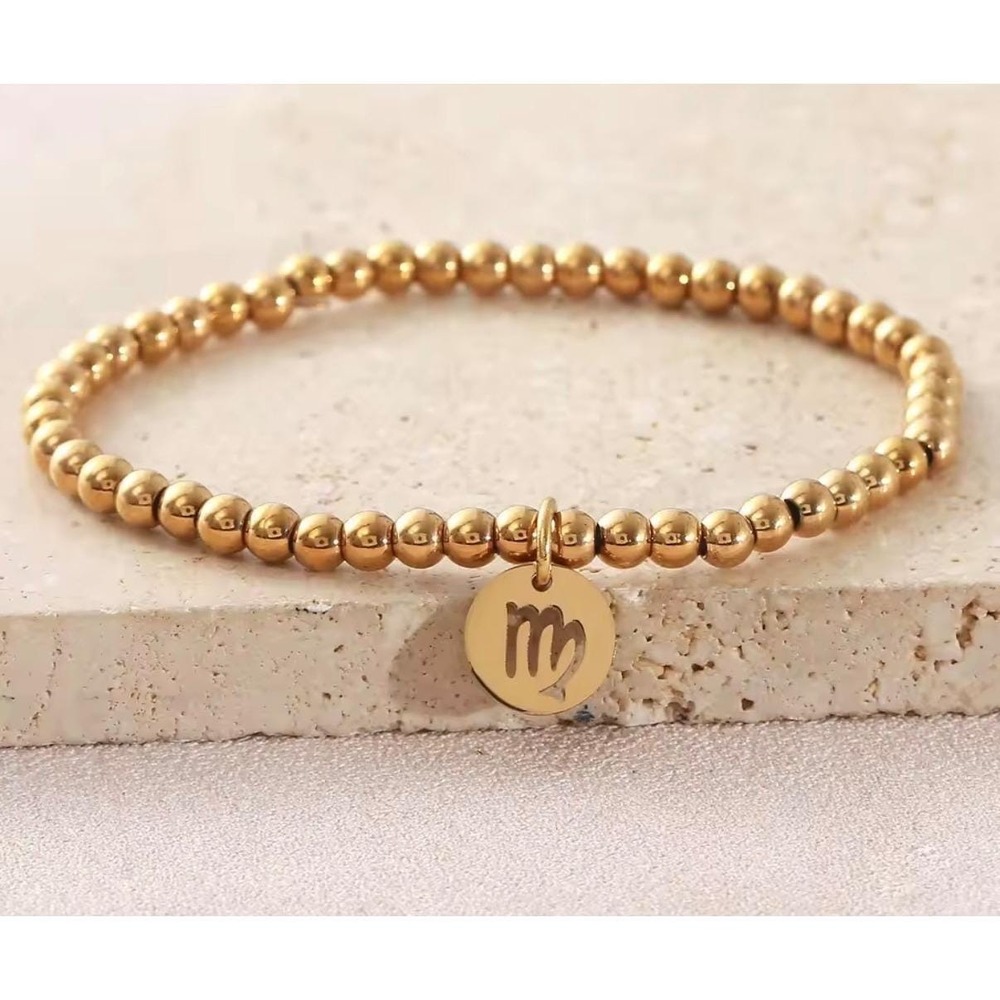 14k Gold Plated Virgo Zodiac Sign Gold Beaded Stretch Bracelet Charm Jewelry